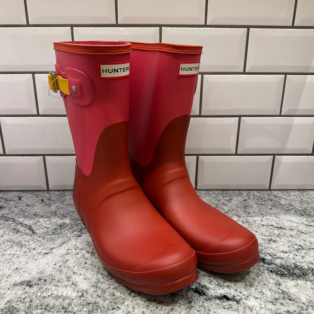 Hunter Women 10 Original Short Rain Boots Red Pink Color Block WFS2026RMA Buckle - Picture 1 of 8